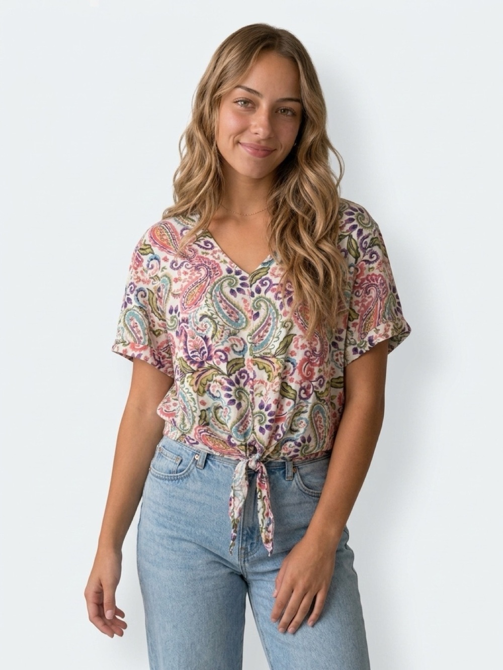 Tamara H. Women's 1X Multicolor Paisley Tie Blouse